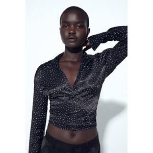 Zara Satin Tie Front Spotted Blouse Top